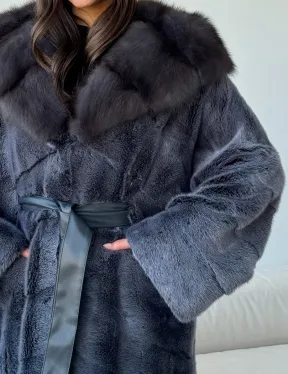 Длинная норковая шуба с куницей капюшон - фото 2