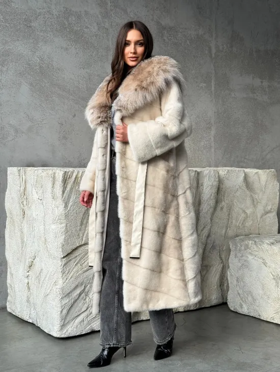 Норка шуба паркет с капюшоном рысь - фото 0