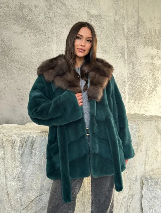 Шуба норка кимоно - капюшон куница - фото 11