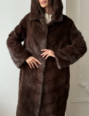 Коричневая норковая шуба с капюшоном - фото 2