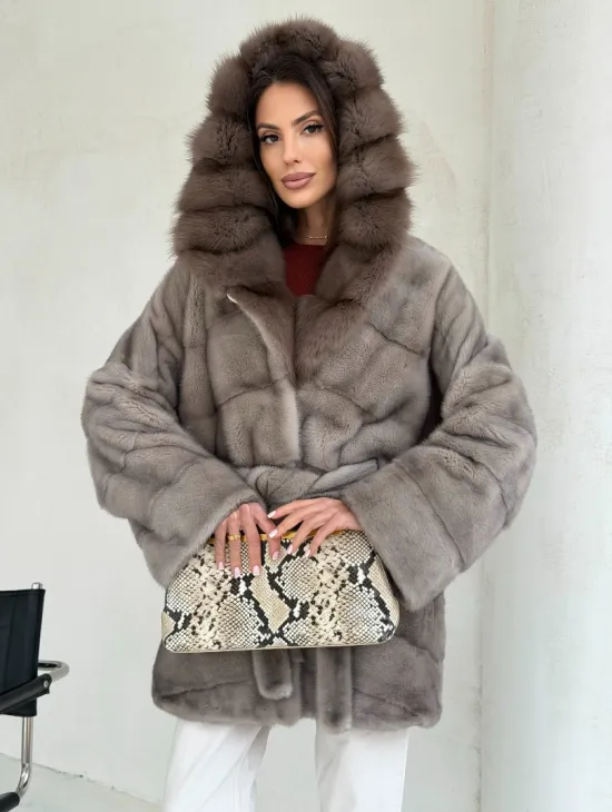 Серый норковый полушубок - капюшон куница - фото 5