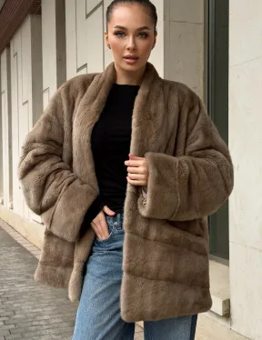 Норковый полушубок пастель V-образный воротник - фото 5