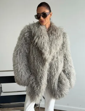 Серая шуба из ламы - фото 0