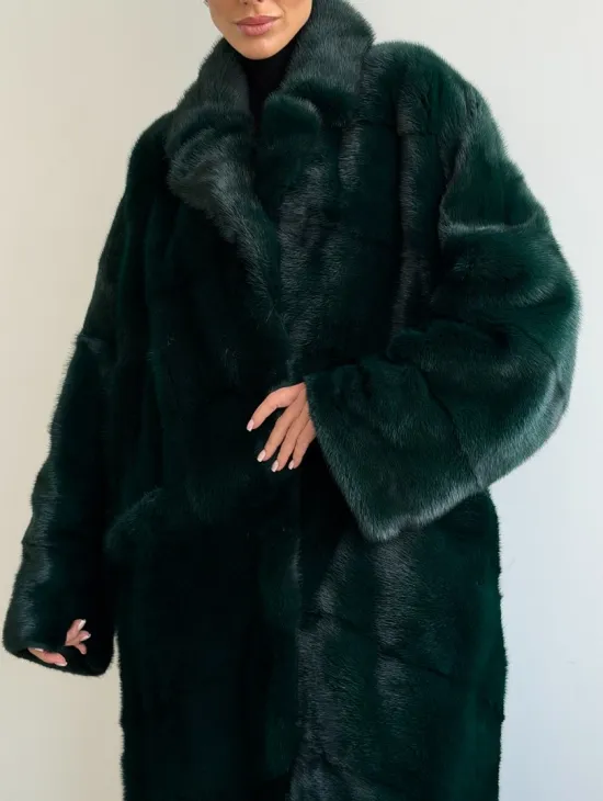 Зеленая норковая шуба - английский воротник - фото 1