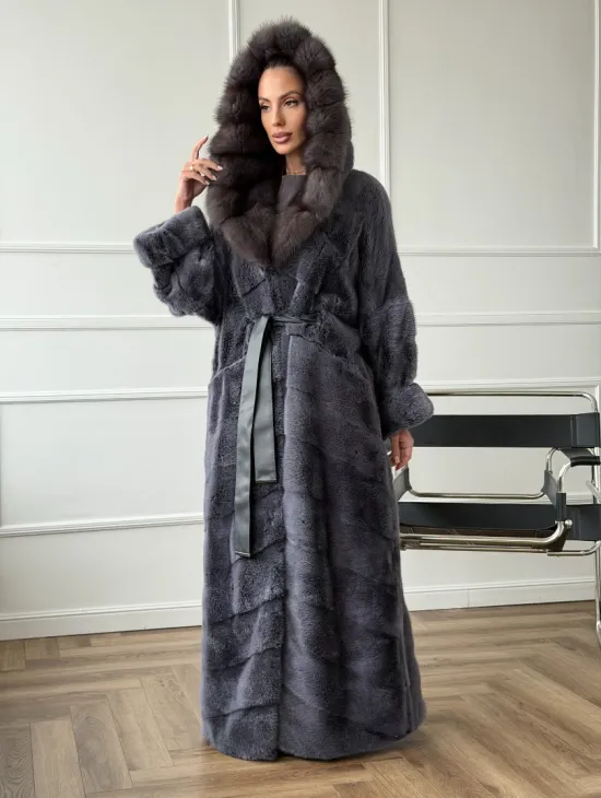 Длинная норковая шуба в пол с капюшоном куница - фото 7