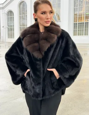 Черный норковый жакет с воротником куницы - фото 4