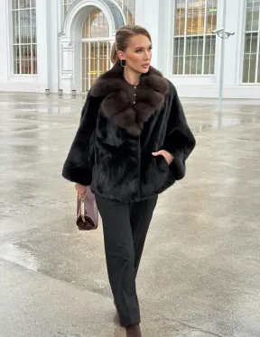 Черный норковый жакет с воротником куницы - фото 14
