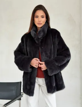 Норковый полушубок графит - стойка воротник - фото 6