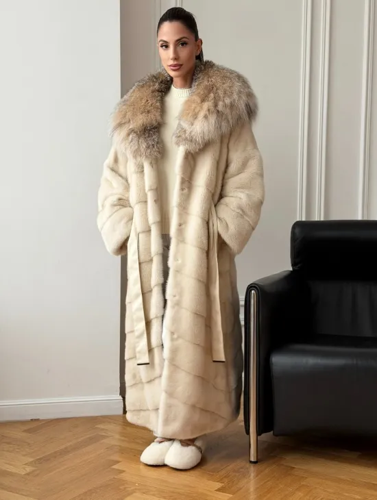 Длинная норковая шуба - капюшон из меха рыси - фото 7