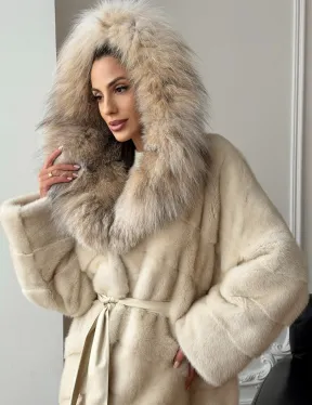Длинная норковая шуба - капюшон из меха рыси - фото 4