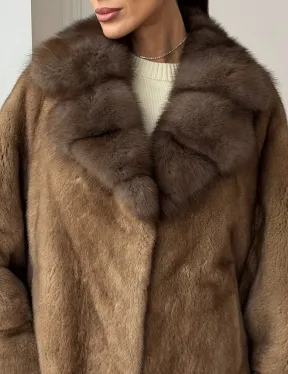 Норковый полушубок с воротником куницы 70 см - фото 1