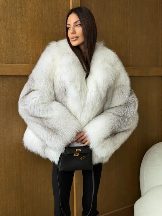 Белый полушубок из крестовой лисы - английский воротник - фото 8