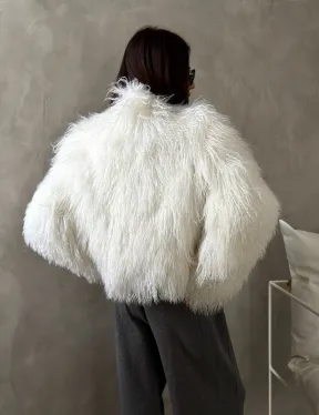Белая кроп-шуба из меха ламы - фото 11