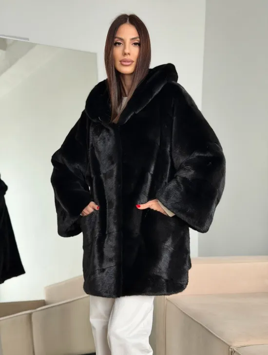 Норка шуба BLACKGLAMA паркет кимоно с капюшоном - фото 9