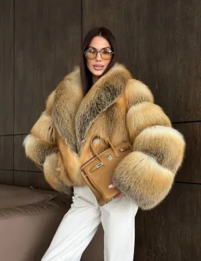 Полушубок-кроп с шалевым воротником из лисы - фото 14