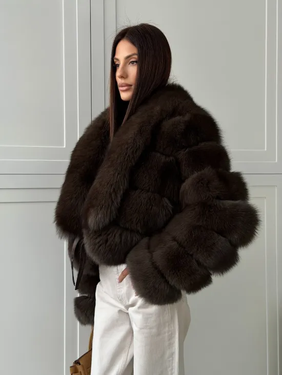 Полушубок-кроп из песца с шалевым воротником - фото 10