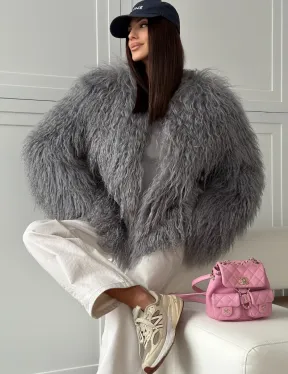 Серая шуба из натурального меха ламы - фото 4