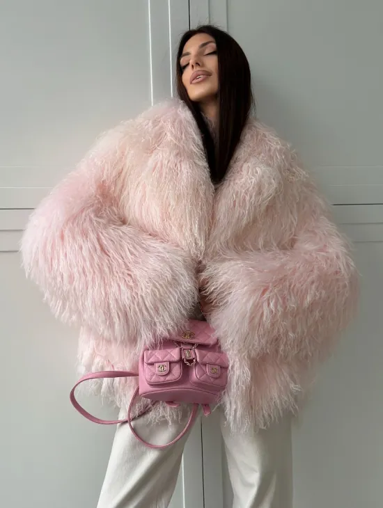 Шуба из меха ламы - цвет розовый - фото 8