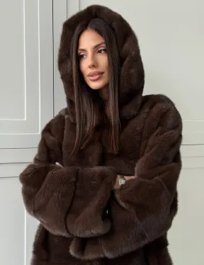 Норковая шуба в стиле «рубашка» с капюшоном - фото 7