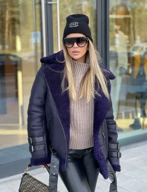 Авиатор из натуральной овчины в синем цвете - фото 2