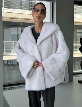 Белый норковый полушубок с капюшоном кобра - фото 5