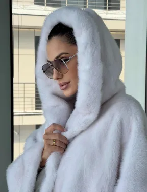 Белый норковый полушубок с капюшоном кобра - фото 10