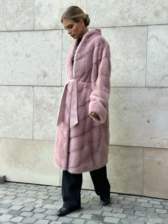 Шуба норковая с поясом - цвет розовый фламинго - фото 1