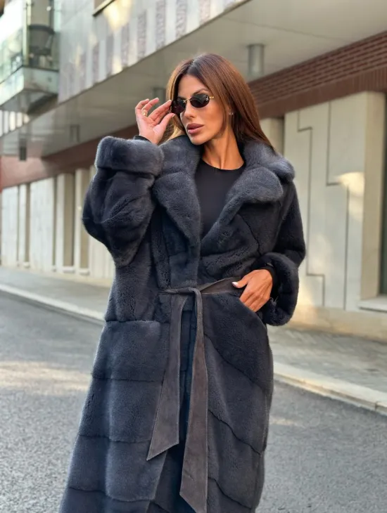 Графит длинная шуба из меха плюшевой норки VELVET - фото 2