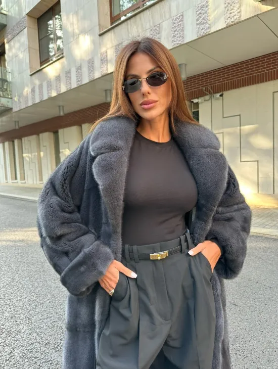 Графит длинная шуба из меха плюшевой норки VELVET - фото 1