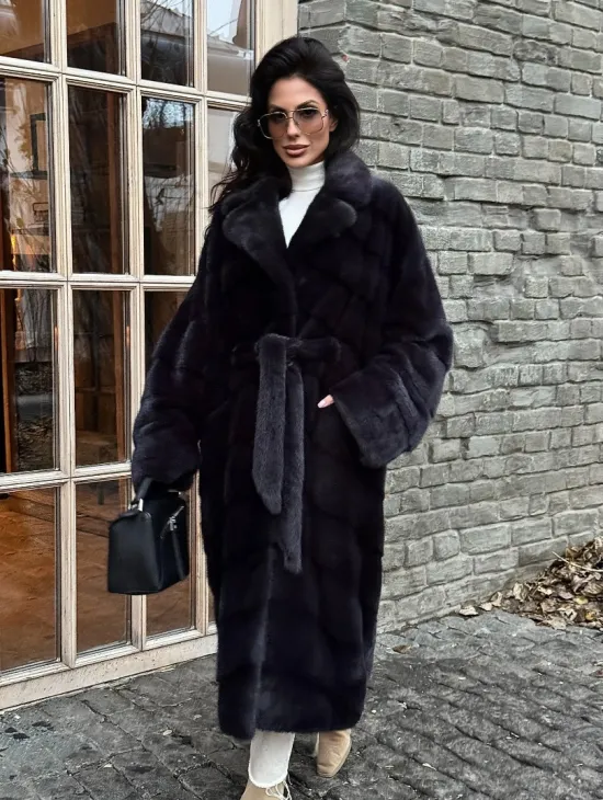 Шуба Халат из меха норки с английским воротником - цвет темный графит - фото 3