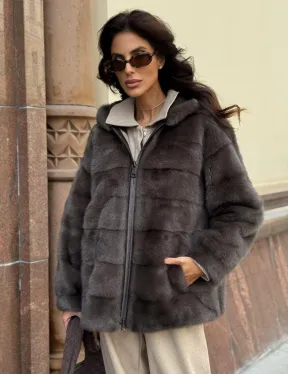 Бомбер из меха норки с капюшоном - цвет мокко - фото 0