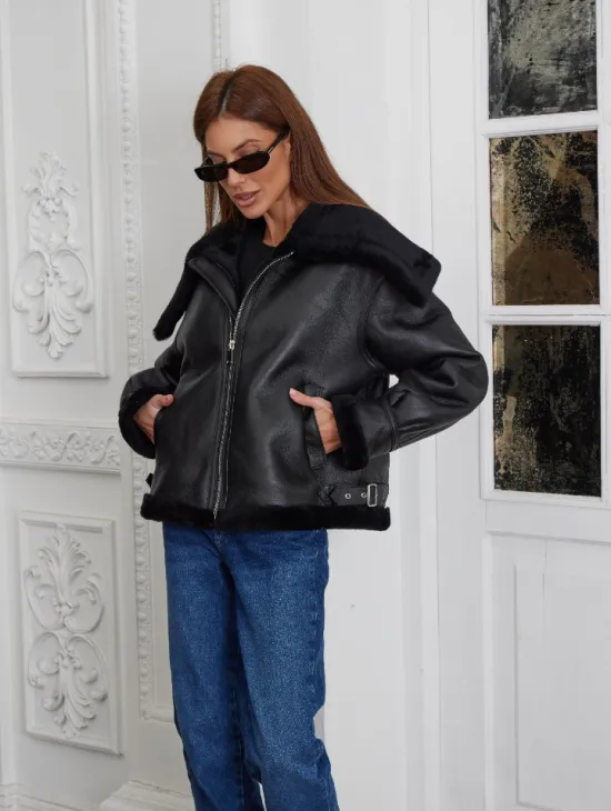 Черная дубленка из овчины с отложным воротником - фото 1