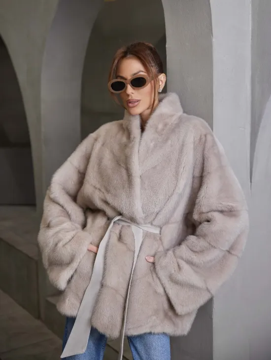 Кимоно норковое воротник отворот - цвет нюдовый - фото 0