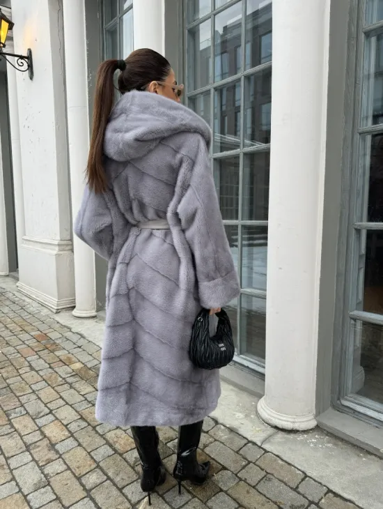 Норка кимоно паркет с капюшоном - цвет серый сапфир - фото 5