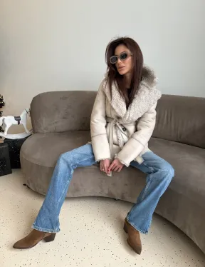 Двусторонняя дублёнка - шуба, мех тиградо английский воротник - фото 4