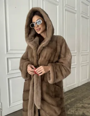 Норковое кимоно с капюшоном в цвете пастель - фото 1