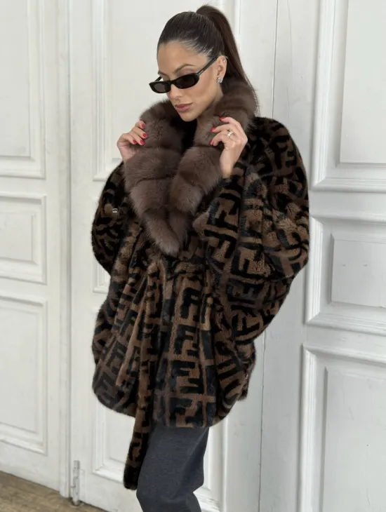 Норка летучая мышь воротник из меха куницы, принт - цвет соболь - фото 1