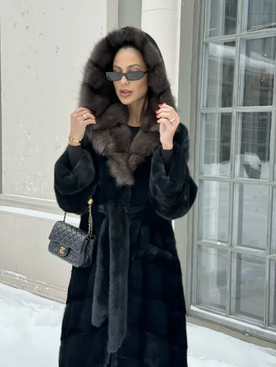 Шуба - кимоно мех аукционная норка с капюшоном куница - цвет черный изумруд - фото 4