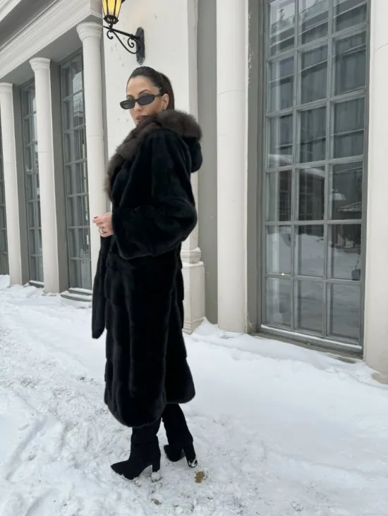 Шуба - кимоно мех аукционная норка с капюшоном куница - цвет черный изумруд - фото 7