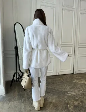 Белая шуба из меха норки (крестовка) стойка воротник - фото 7