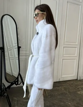 Белая шуба из меха норки (крестовка) стойка воротник - фото 4