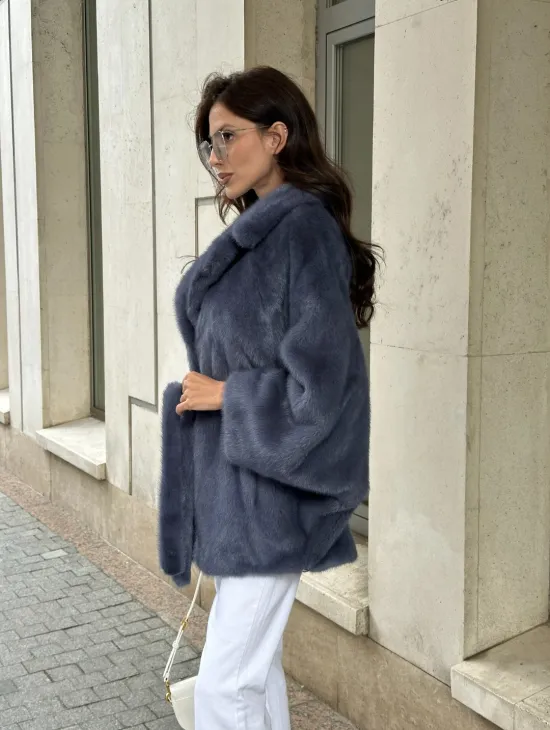 Шуба норковая летучая мышь - цвет джинс - фото 4